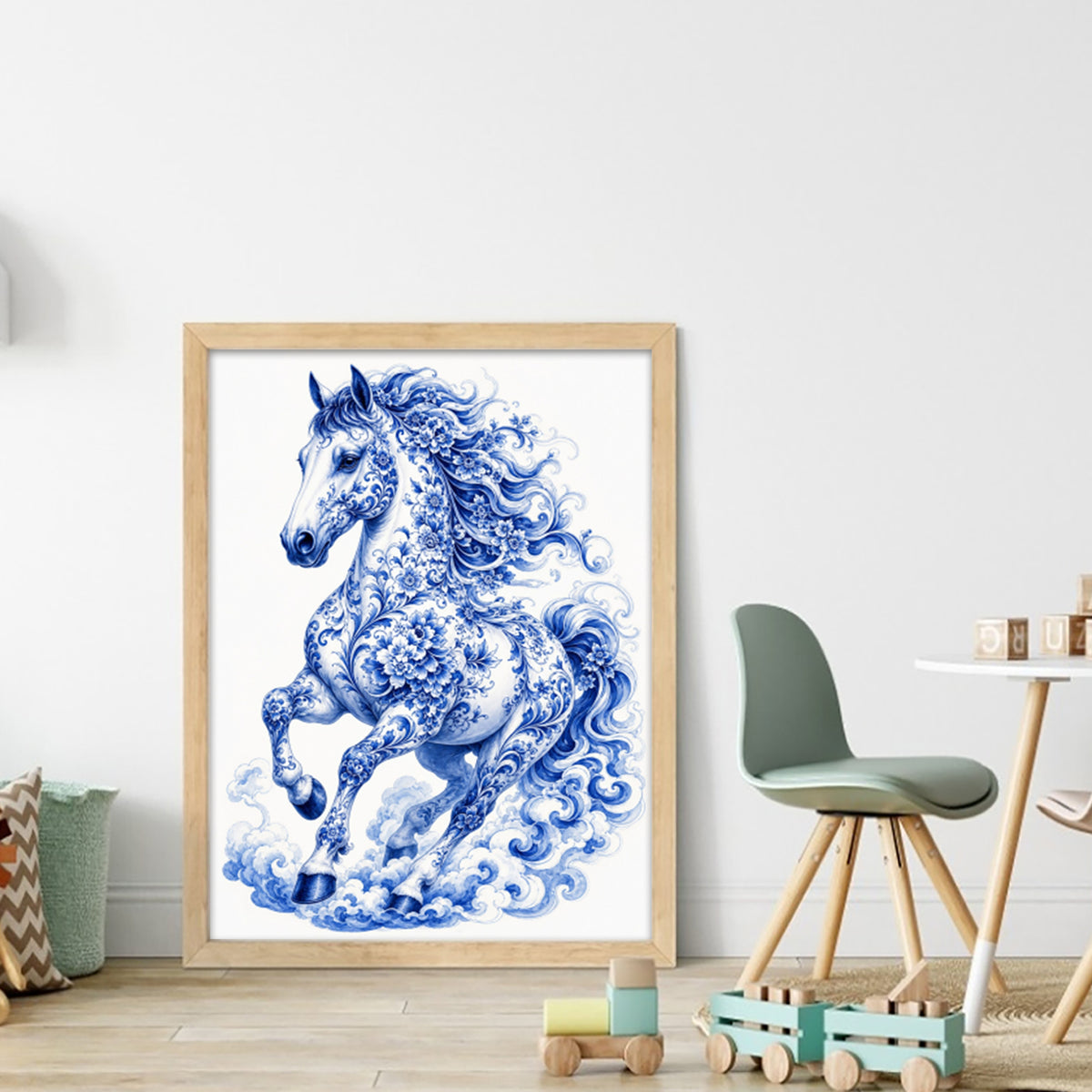 Serie „Pferd aus blau-weißem Porzellan“ – Vollständiges 14CT gestempeltes Kreuzstich-Set 40x53 cm – Huacan
