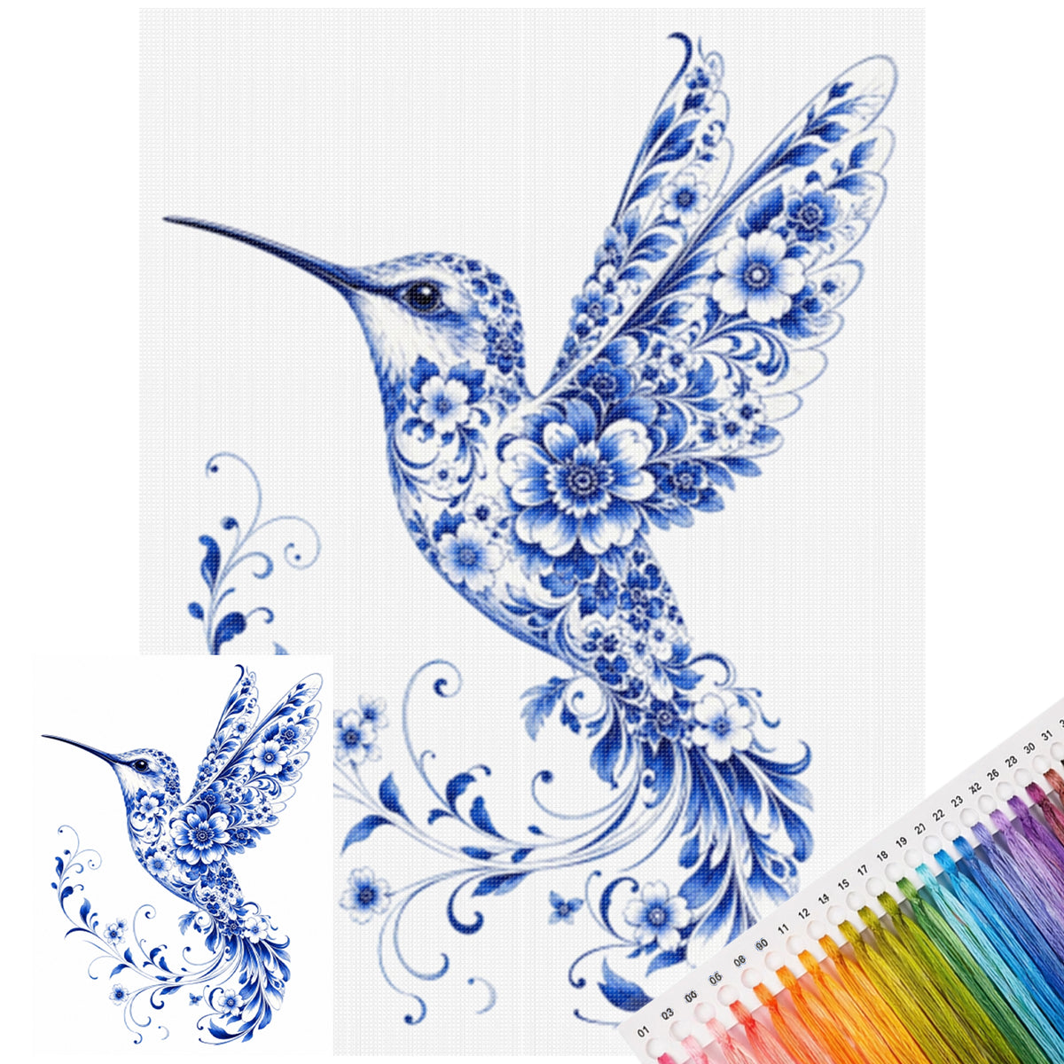Blau-Weißes Porzellan Kolibri-Serie - Vollständiges 14CT gestempeltes Kreuzstich-Set 40x53CM - Huacan