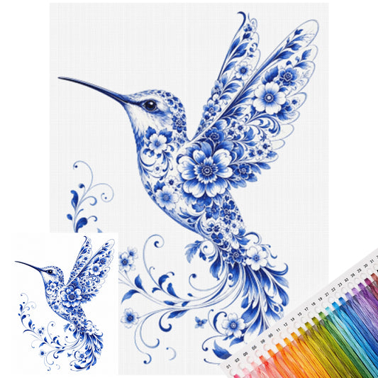 Blau-Weißes Porzellan Kolibri-Serie - Vollständiges 14CT gestempeltes Kreuzstich-Set 40x53CM - Huacan