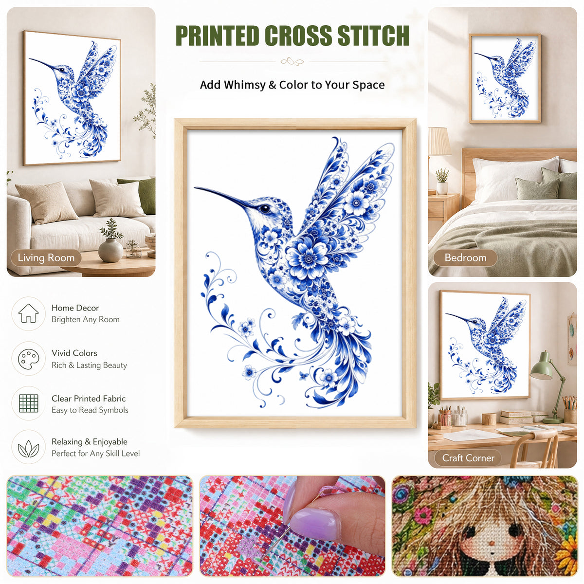 Blau-Weißes Porzellan Kolibri-Serie - Vollständiges 14CT gestempeltes Kreuzstich-Set 40x53CM - Huacan