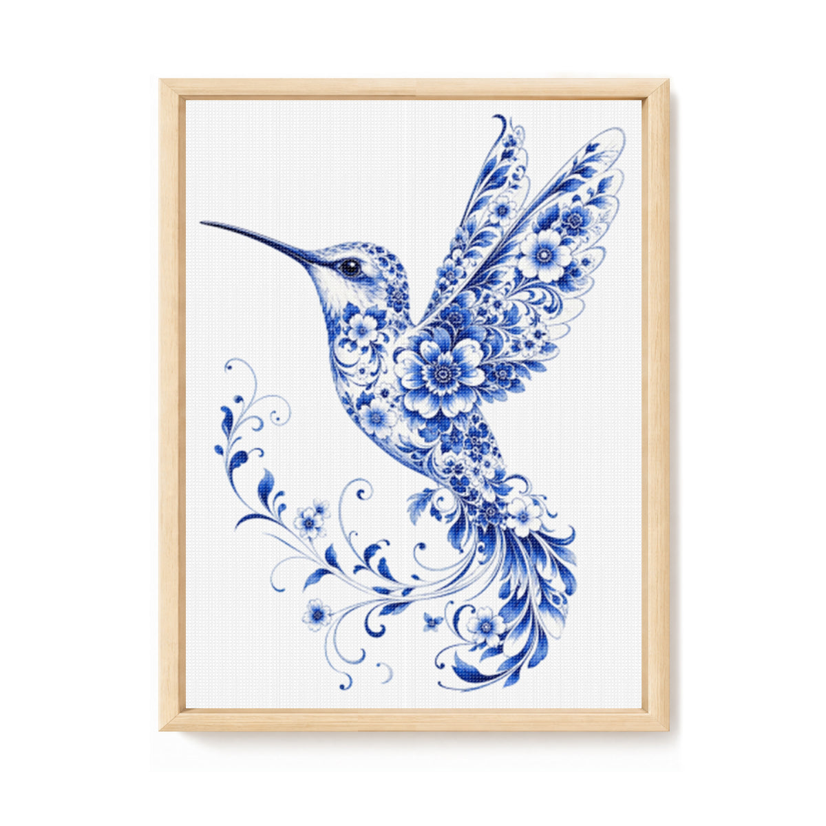 Blau-Weißes Porzellan Kolibri-Serie - Vollständiges 14CT gestempeltes Kreuzstich-Set 40x53CM - Huacan