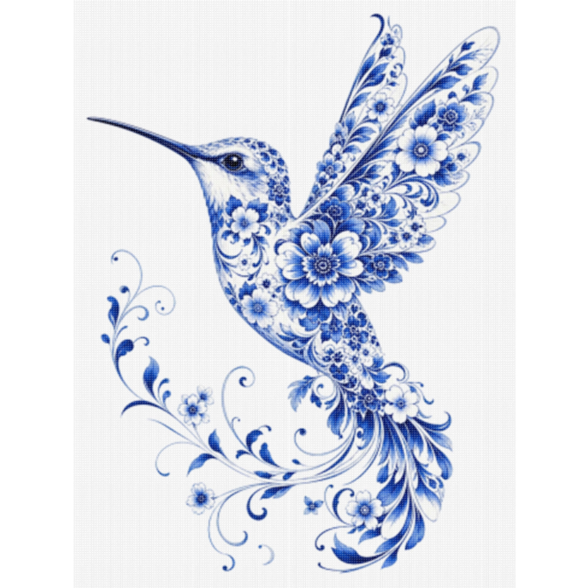 Blau-Weißes Porzellan Kolibri-Serie - Vollständiges 14CT gestempeltes Kreuzstich-Set 40x53CM - Huacan