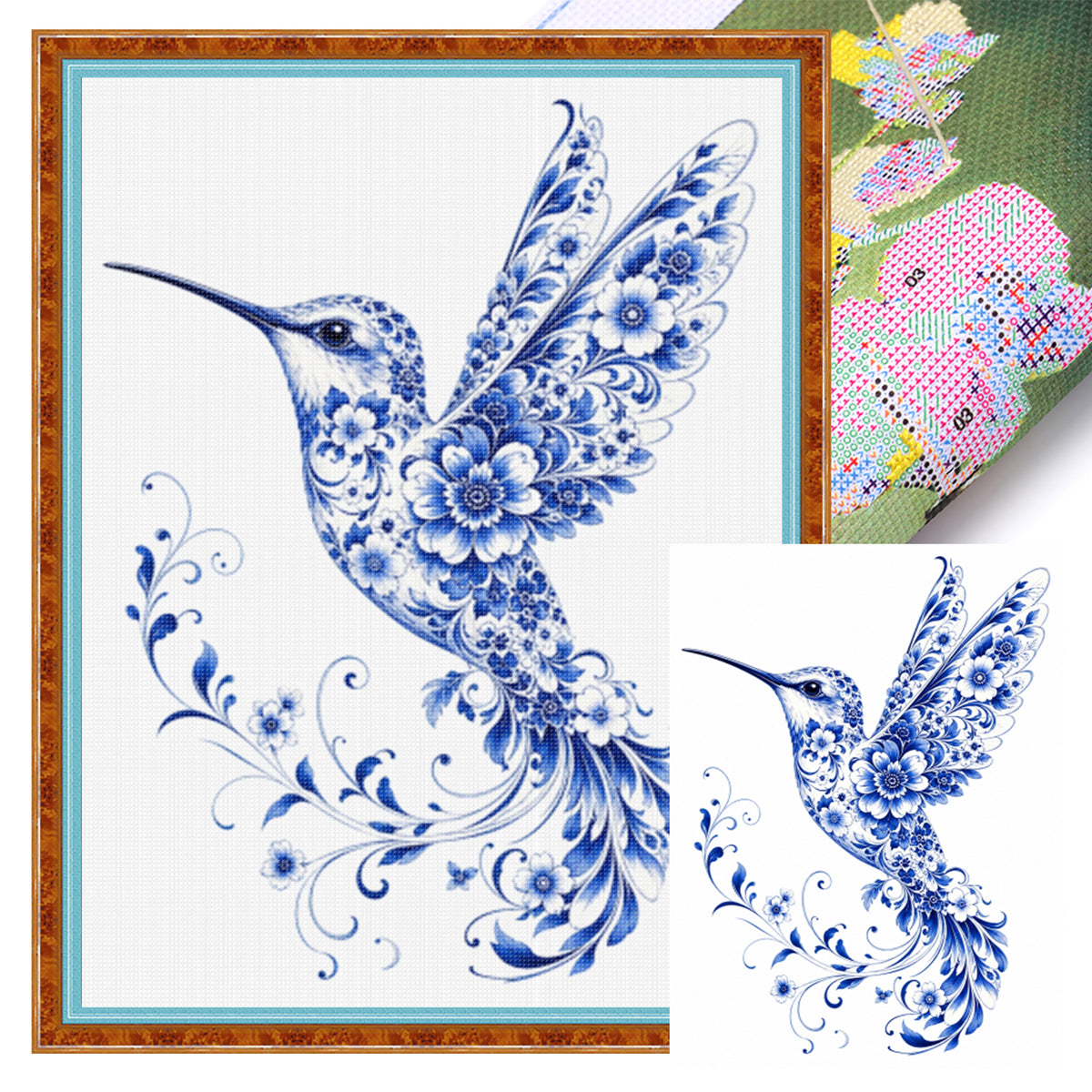 Blau-Weißes Porzellan Kolibri-Serie - Vollständiges 14CT gestempeltes Kreuzstich-Set 40x53CM - Huacan