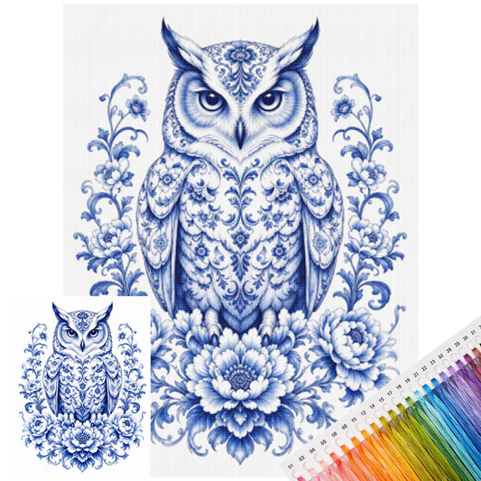 Blau-weißes Eulen-Porzellan-Set - Vollständiges 14CT gestempeltes Kreuzstich-Set 40x53 cm - Huacan