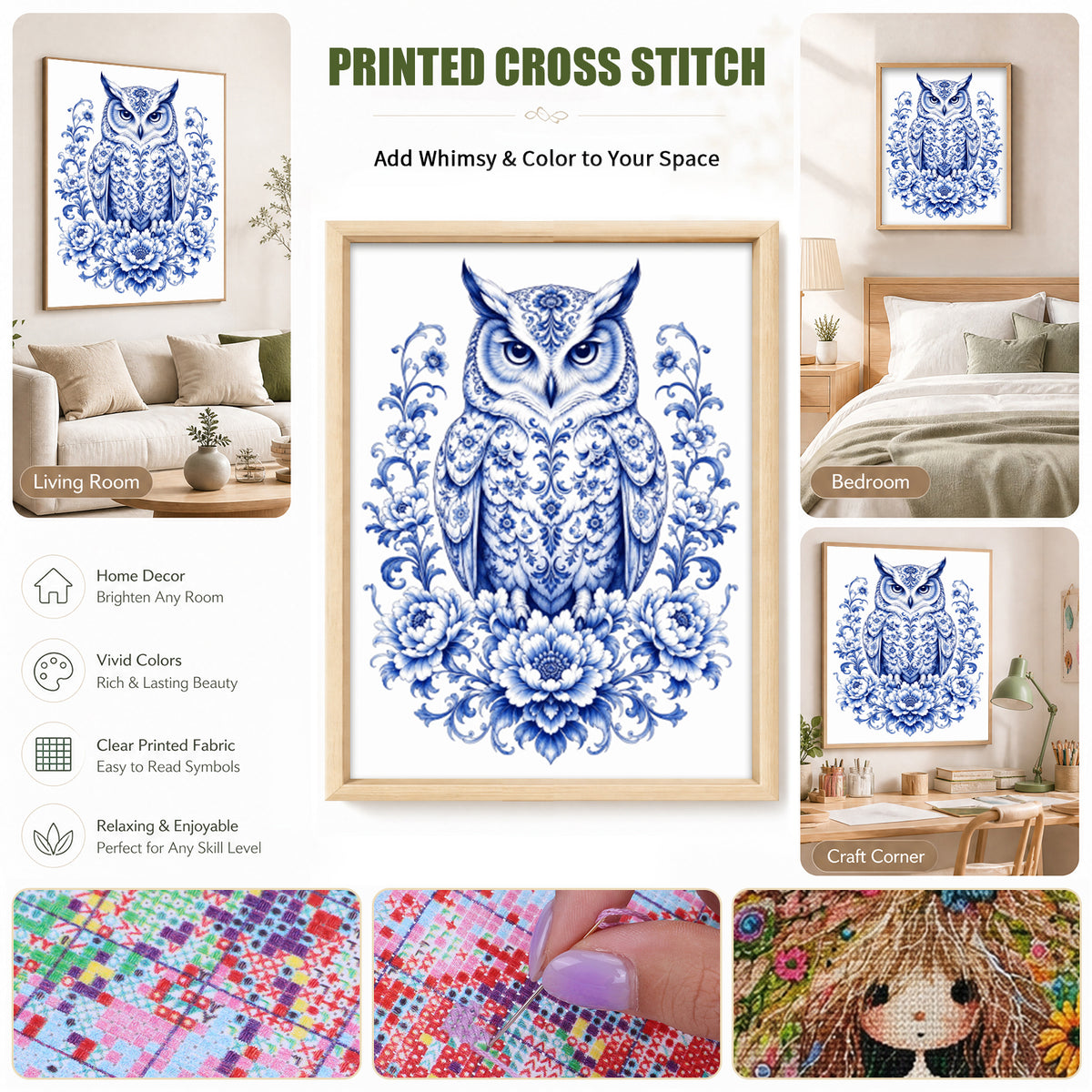 Blue And White Porcelain Owl Series - Full 14CT Stamped Cross Stitch 40x53CM - Huacan