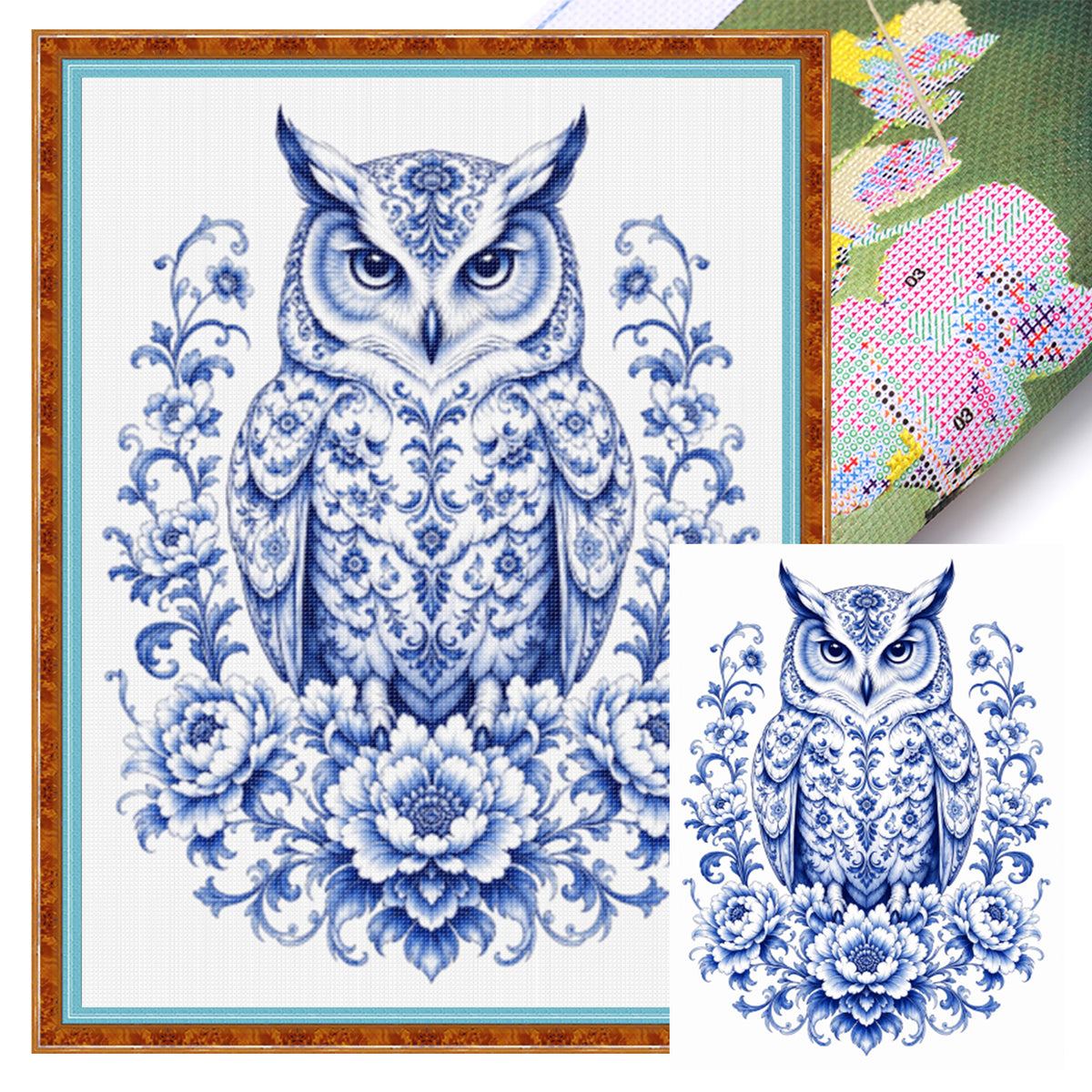 Blue And White Porcelain Owl Series - Full 14CT Stamped Cross Stitch 40x53CM - Huacan