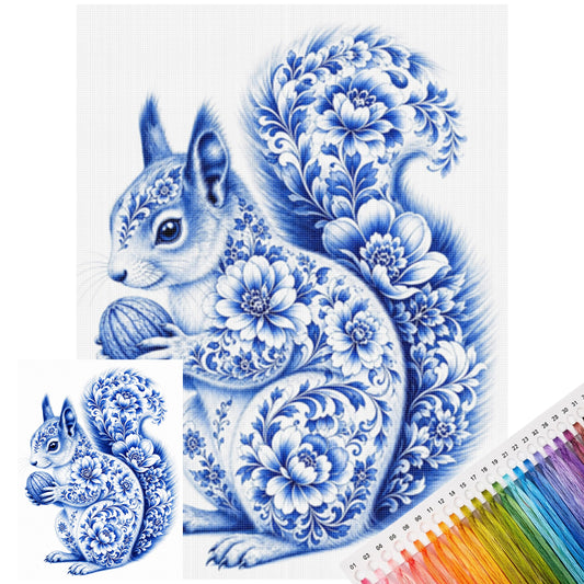 Serie „Blau-Weißes Porzellan-Eichhörnchen“ – Vollständiges 14CT gestempeltes Kreuzstich-Set 40x53CM – Huacan