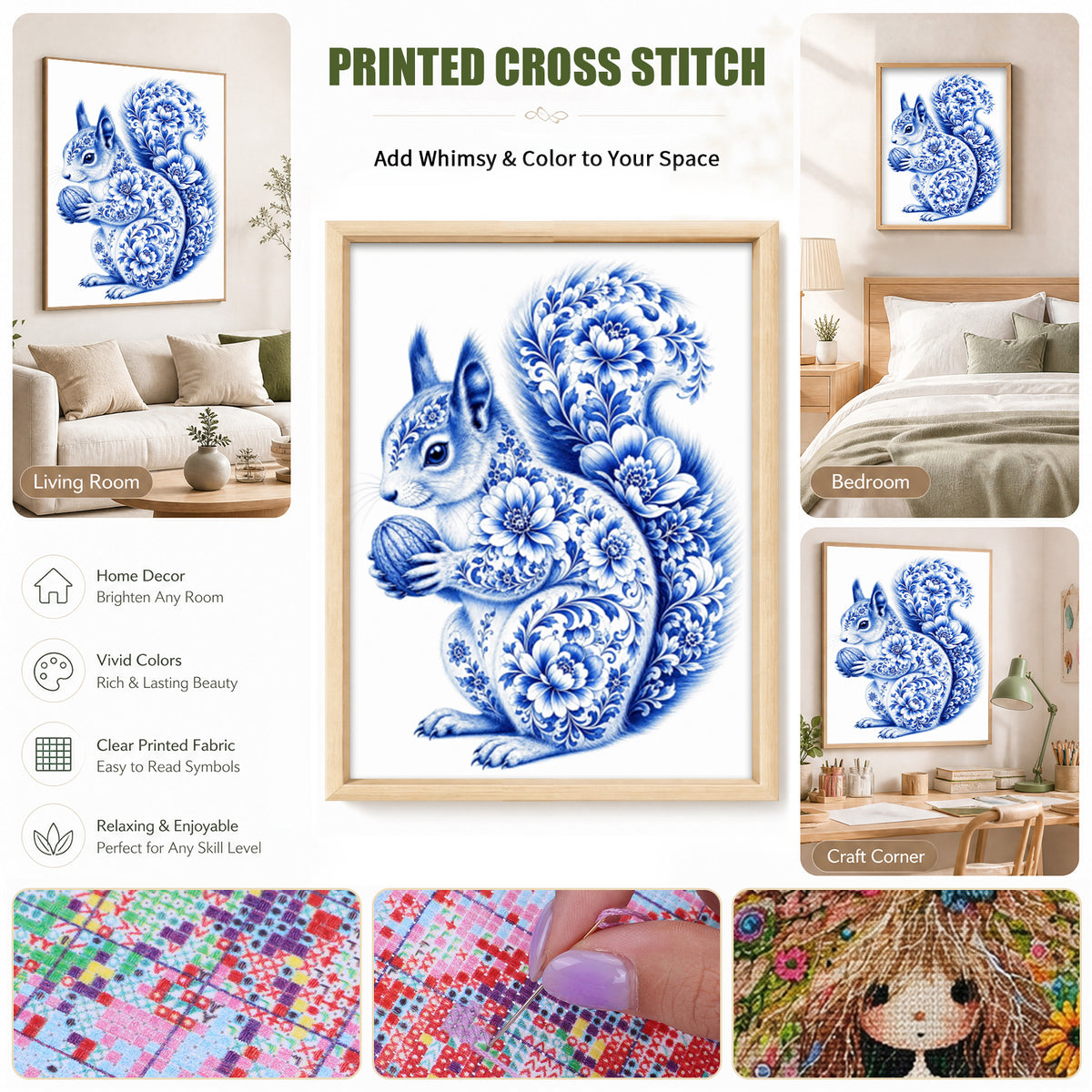 Blue And White Porcelain Squirrel Series - Full 14CT Stamped Cross Stitch 40x53CM - Huacan