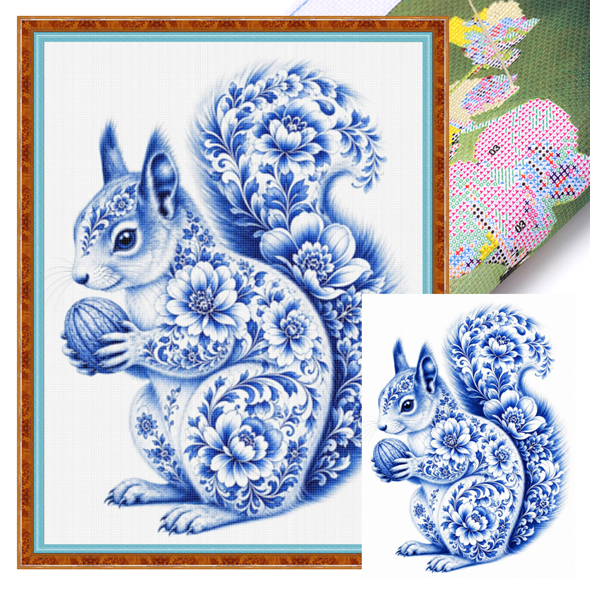 Blue And White Porcelain Squirrel Series - Full 14CT Stamped Cross Stitch 40x53CM - Huacan