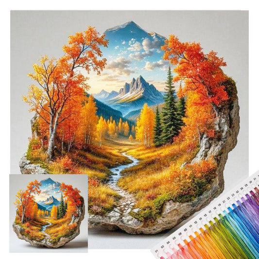 Felsen Kern Herbst Bergpfad Landschaft - Komplettes 11CT Stempel-Kreuzstich-Set 40x40cm - Band