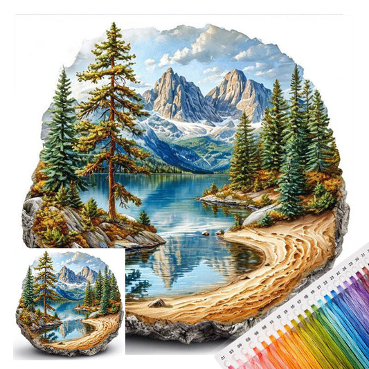 Stein-Scheiben Bergsee Kiefernwald Landschaft - Komplettes 11CT Stempel-Kreuzstich-Set 40x40cm - Huacan
