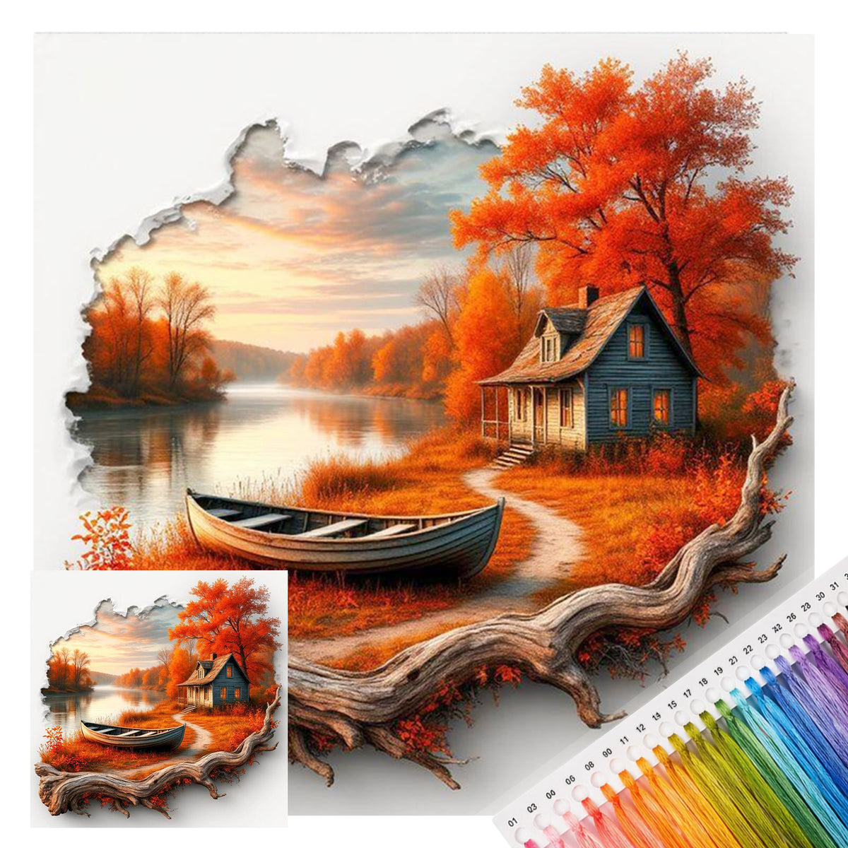Landschaft mit herbstlichem Haus am Flussufer mit Totholz – Vollständiges 11CT Stempel-Kreuzstichset 40x40 cm – Huacan