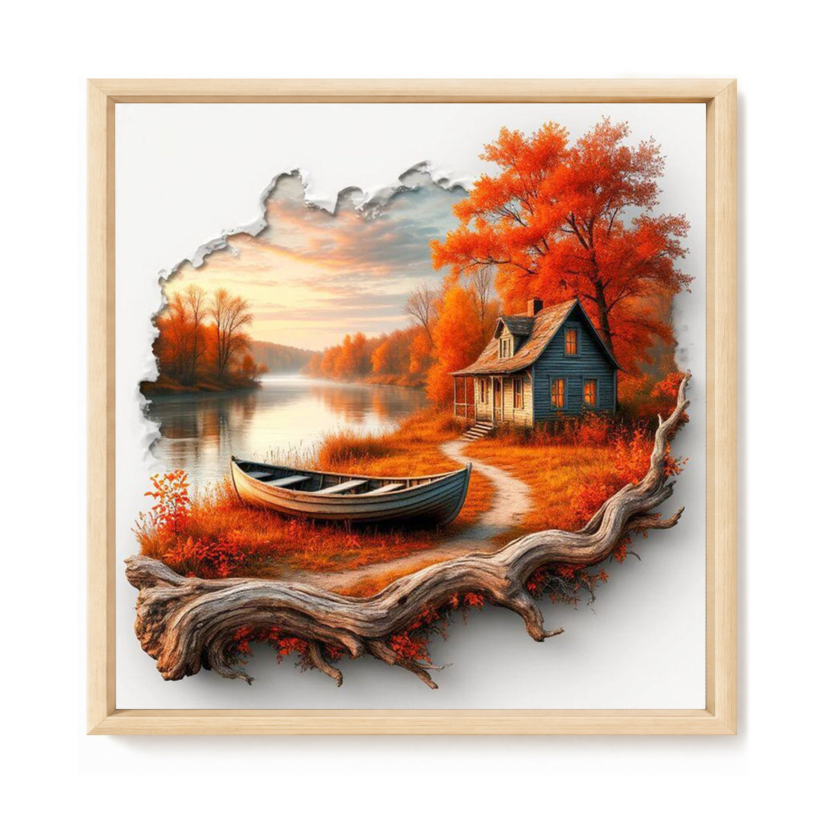 Landschaft mit herbstlichem Haus am Flussufer mit Totholz – Vollständiges 11CT Stempel-Kreuzstichset 40x40 cm – Huacan