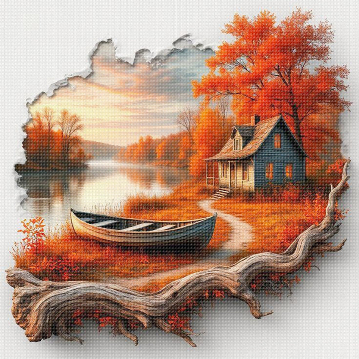 Landschaft mit herbstlichem Haus am Flussufer mit Totholz – Vollständiges 11CT Stempel-Kreuzstichset 40x40 cm – Huacan