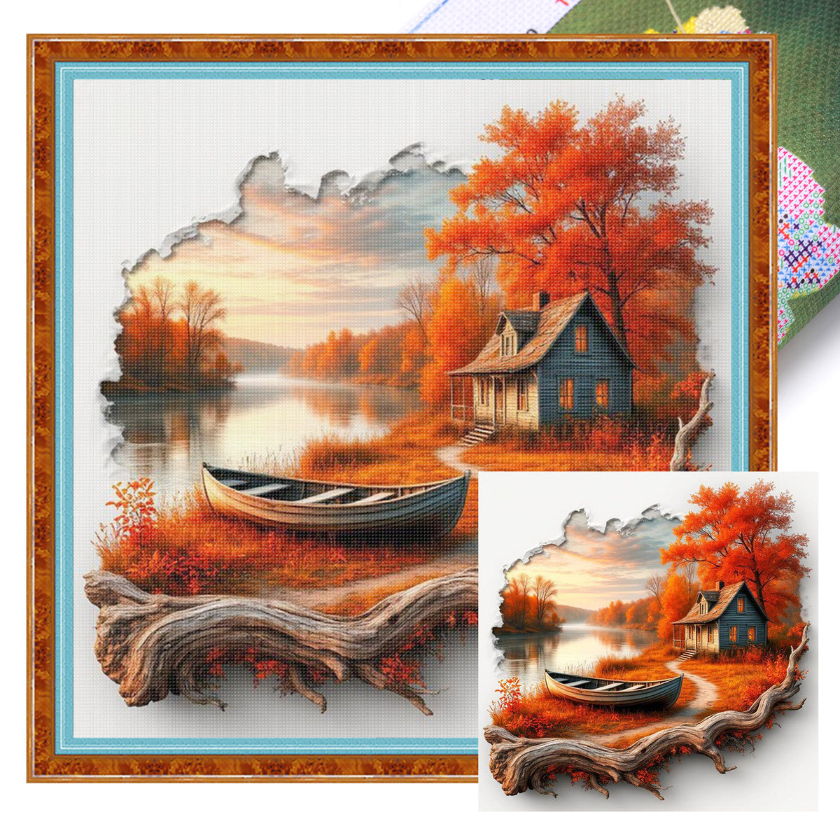 Landschaft mit herbstlichem Haus am Flussufer mit Totholz – Vollständiges 11CT Stempel-Kreuzstichset 40x40 cm – Huacan