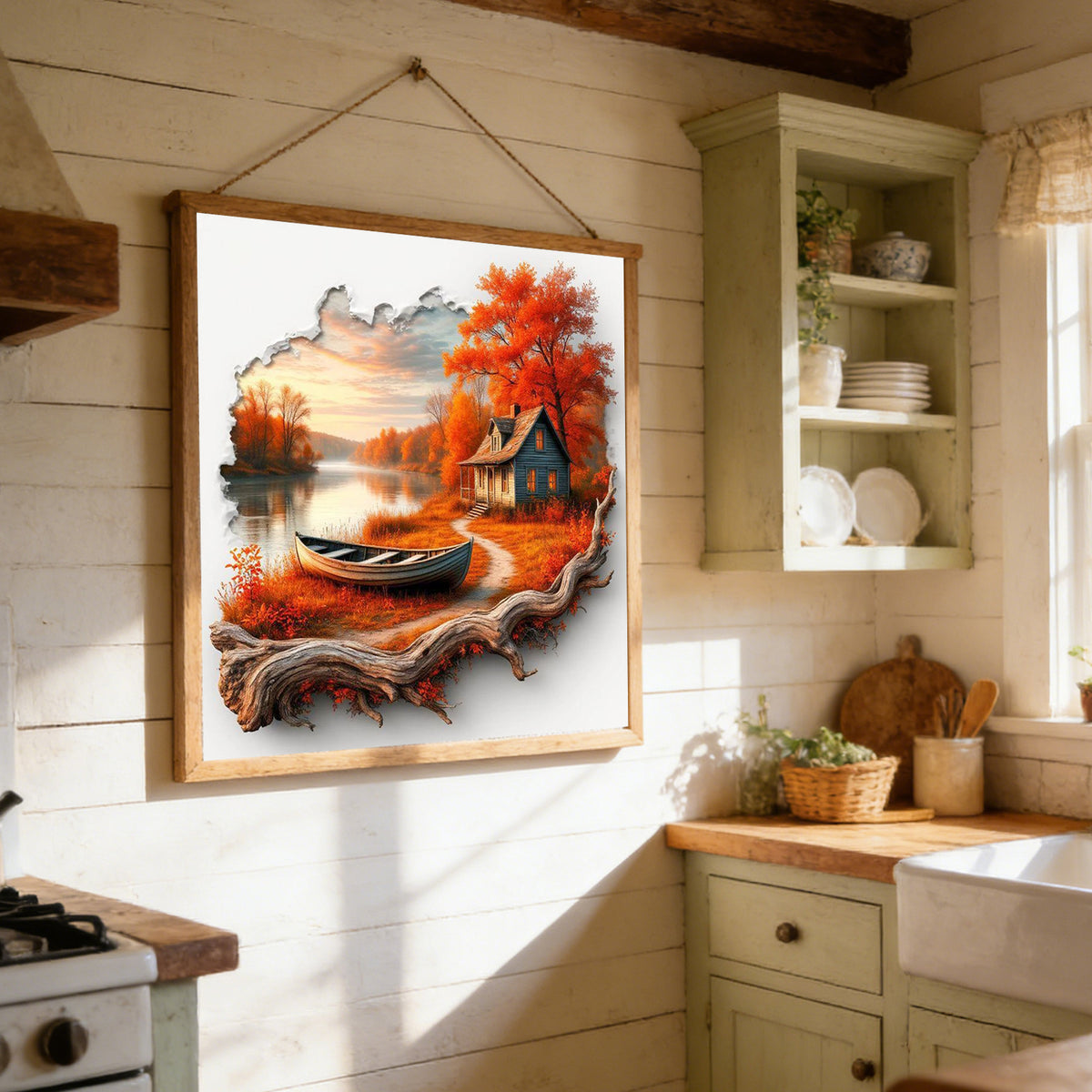 Landschaft mit herbstlichem Haus am Flussufer mit Totholz – Vollständiges 11CT Stempel-Kreuzstichset 40x40 cm – Huacan