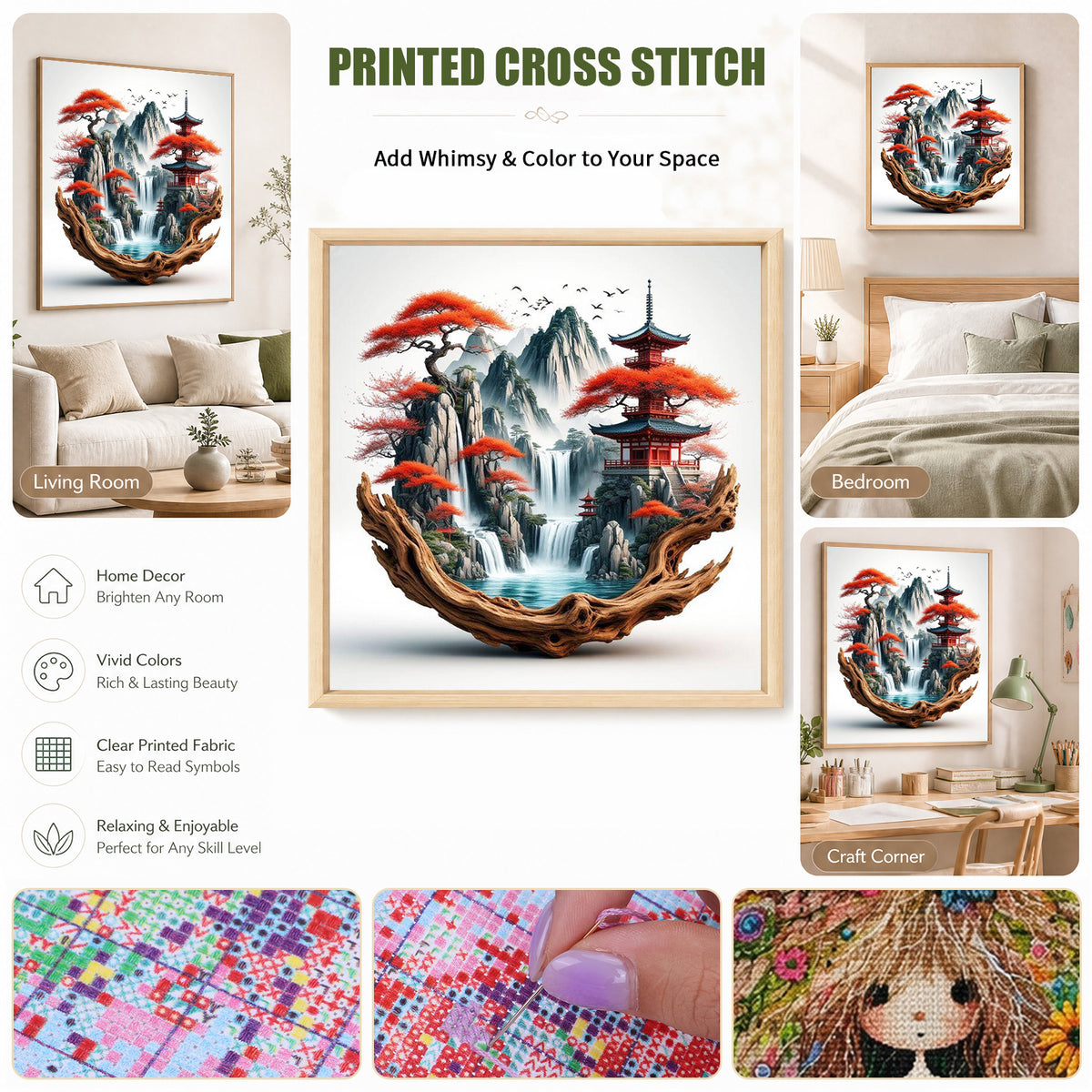 Root Carving Zen Landscape - Full 11CT Stamped Cross Stitch 40x40CM - Huacan