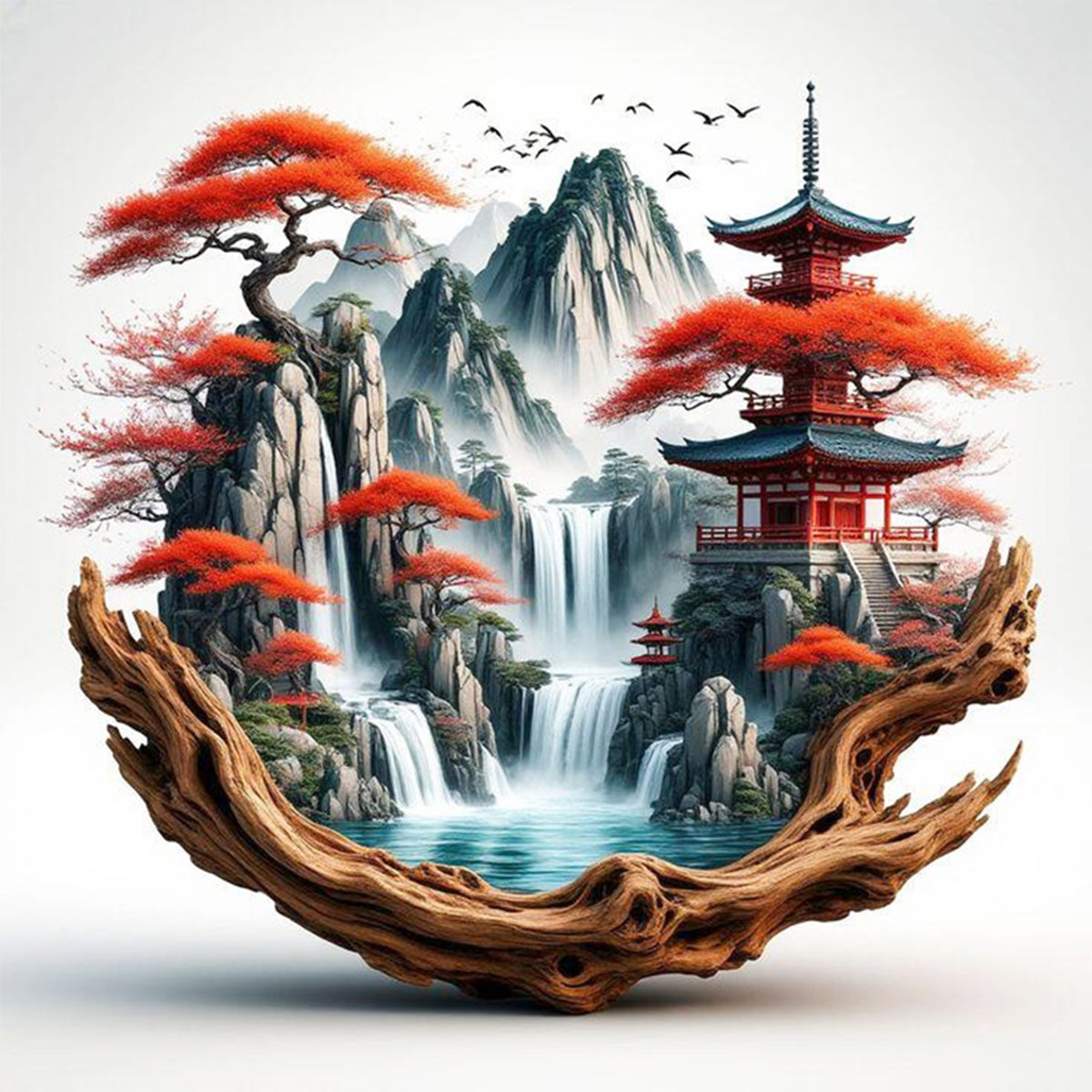 Root Carving Zen Landscape - Full 11CT Stamped Cross Stitch 40x40CM - Huacan
