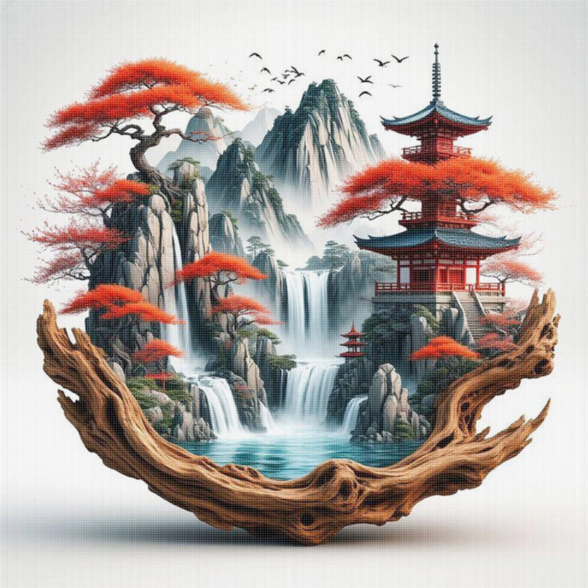 Root Carving Zen Landscape - Full 11CT Stamped Cross Stitch 40x40CM - Huacan
