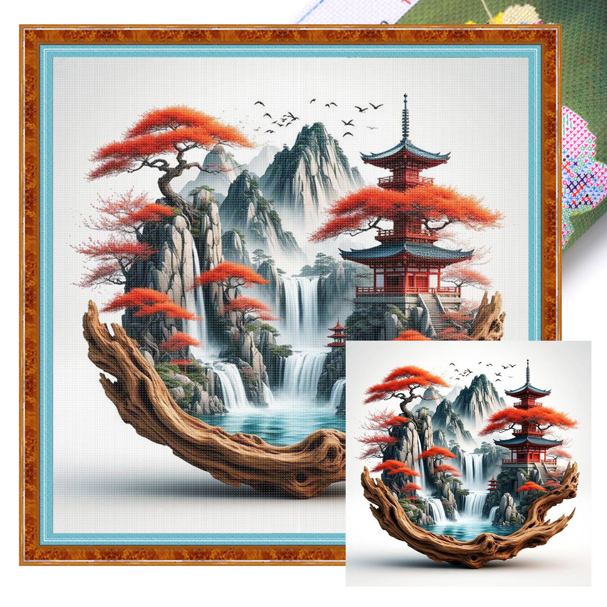 Root Carving Zen Landscape - Full 11CT Stamped Cross Stitch 40x40CM - Huacan