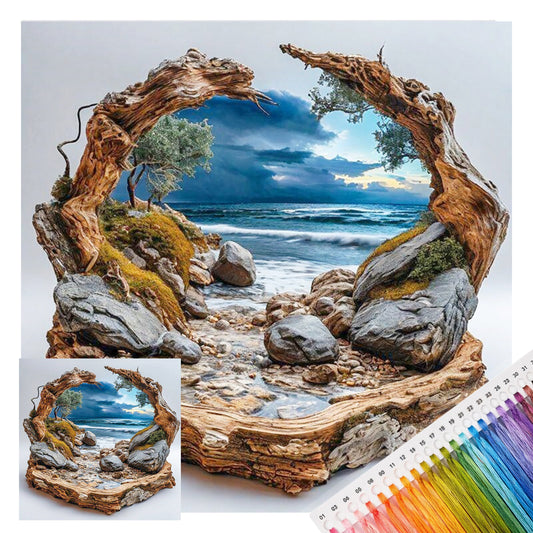 Treibholz-gerahmtes Meeresbild – Vollständiges 11CT gestempeltes Kreuzstich-Set 40x40 cm – Band
