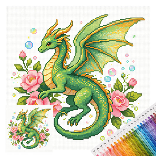 Grüner Blumendrache - Vollständiges 14CT gestempeltes Kreuzstich-Set 30x30CM - Huacan