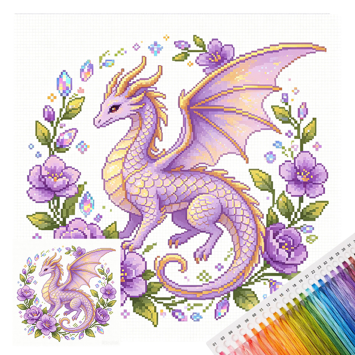 Amethyst Flower Dragon - Full 14CT Stamped Cross Stitch 30x30CM - Huacan
