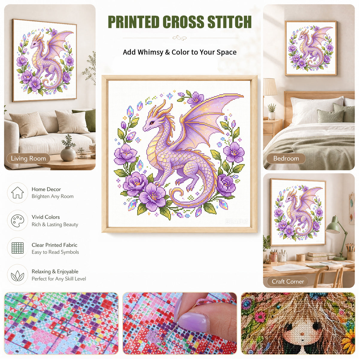 Amethyst Flower Dragon - Full 14CT Stamped Cross Stitch 30x30CM - Huacan