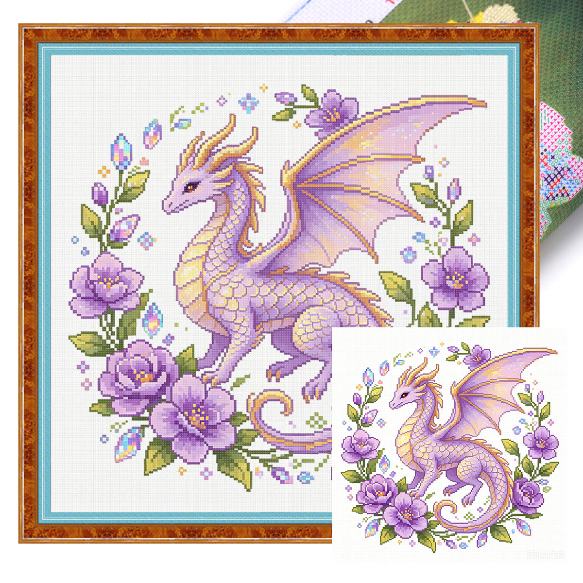 Amethyst Flower Dragon - Full 14CT Stamped Cross Stitch 30x30CM - Huacan