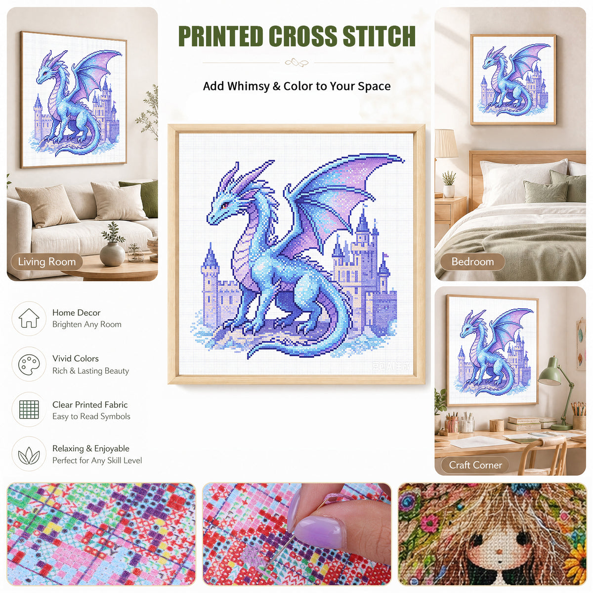 Ice Dragon In Ancient Castle - Full 14CT Stamped Cross Stitch 30x30CM - Huacan