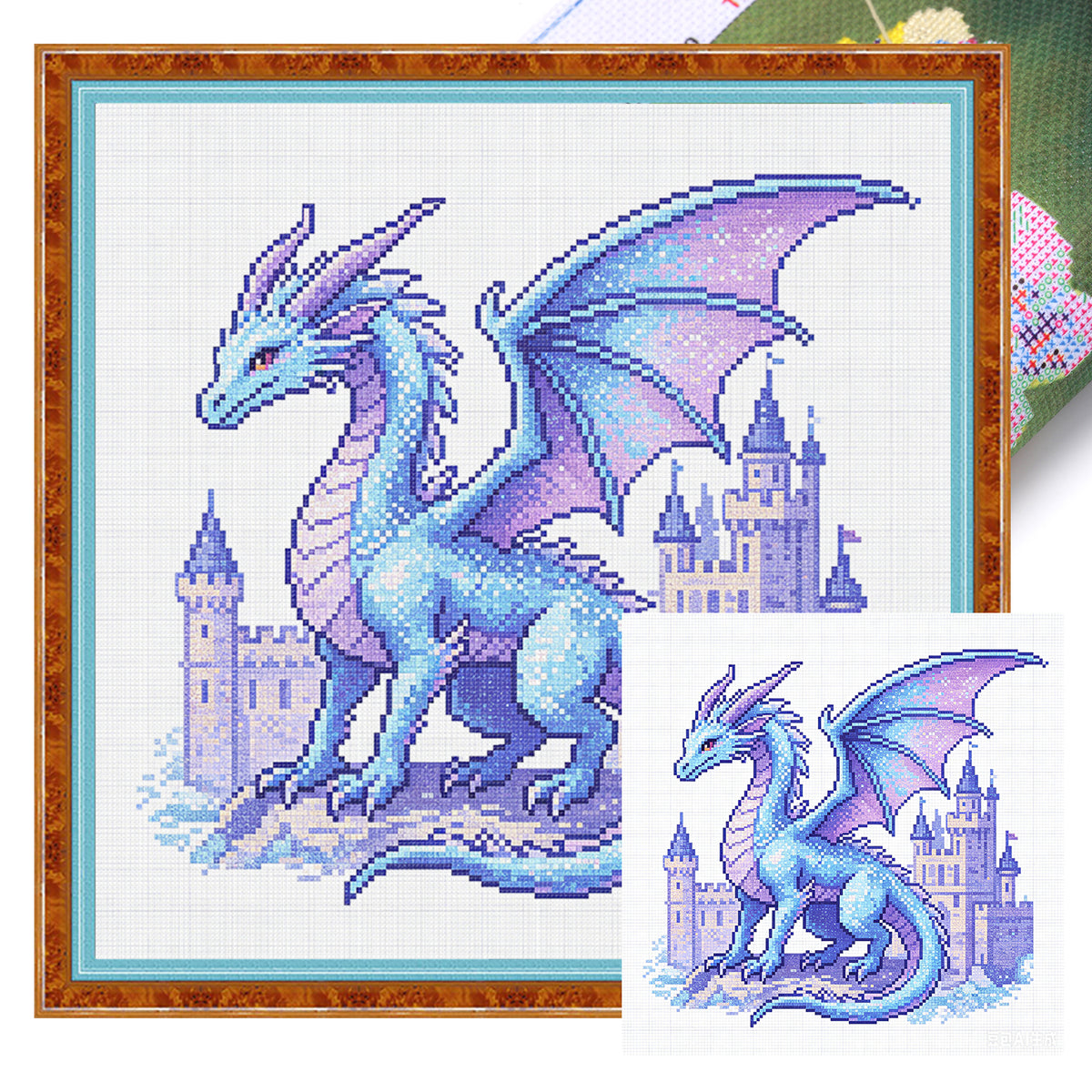 Ice Dragon In Ancient Castle - Full 14CT Stamped Cross Stitch 30x30CM - Huacan