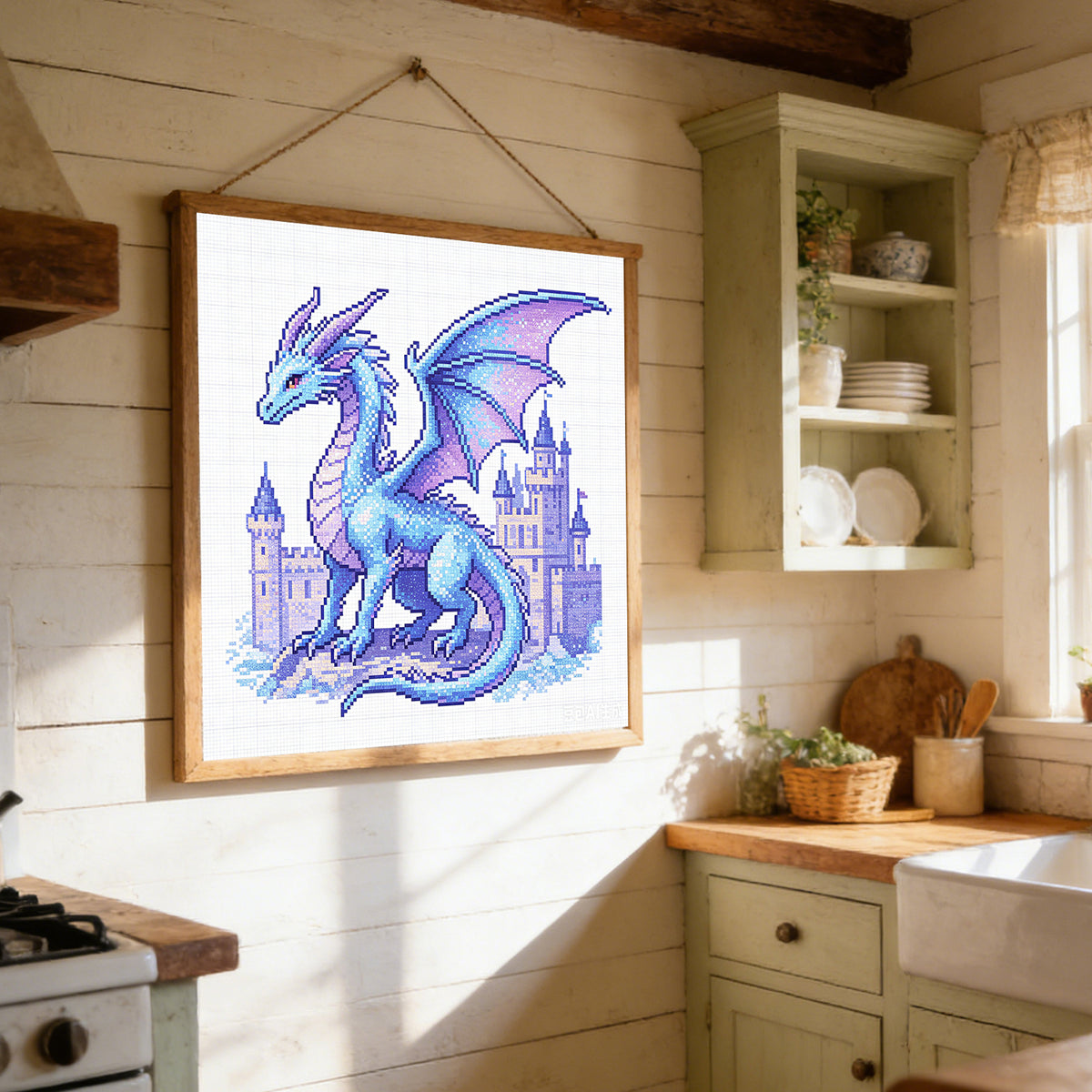 Ice Dragon In Ancient Castle - Full 14CT Stamped Cross Stitch 30x30CM - Huacan