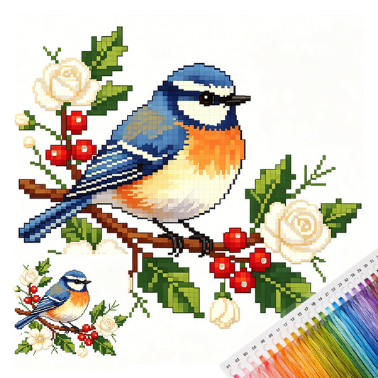 Blauer Berg Weiße Rose Fink-Vogel – Vollgesticktes Kreuzstich-Set 25x25CM – Huacan