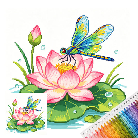 Libelle über Lotus-Teich – Vollständiges Stickset mit aufgedrucktem Muster 25x25cm – Huacan