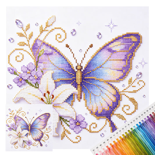 Lila Lilie & Schmetterling - Voll besticktes Kreuzstich-Set 25x25CM - Huacan