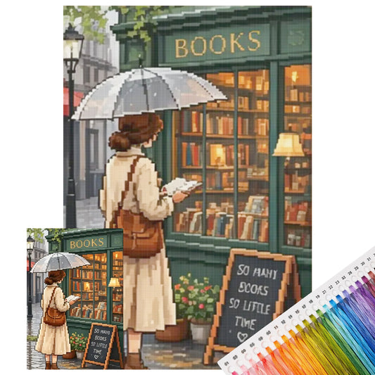 Buchhandlung in regnerischer Gasse - Komplettes 11CT Stempel-Kreuzstichset 40x60CM - Huacan