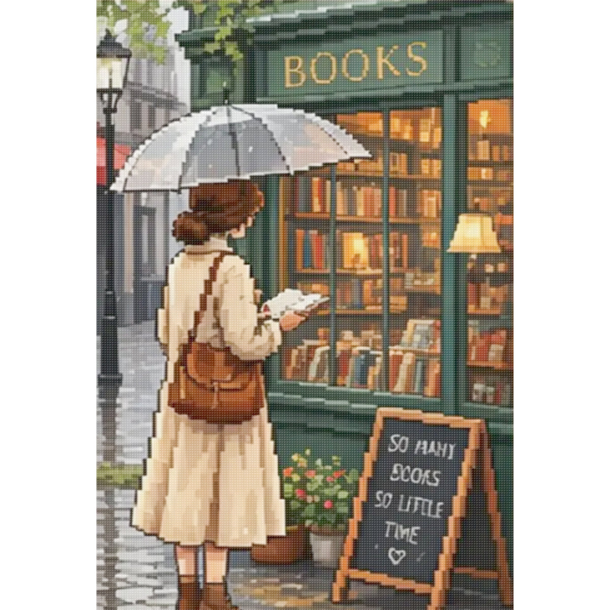 Bookstore In Rainy Alley - Full 11CT Stamped Cross Stitch 40x60CM - Huacan