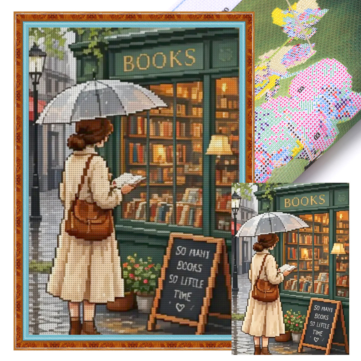 Bookstore In Rainy Alley - Full 11CT Stamped Cross Stitch 40x60CM - Huacan