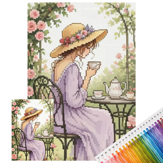 Garten-Teepause – Vollständiges 11CT-Stickset (aufgedruckt) 40x60cm – Huacan