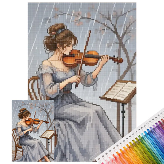 Geige spielen im Regen – Vollständiges 11CT Stanz-Kreuzstich-Set 40x60cm – Huacan