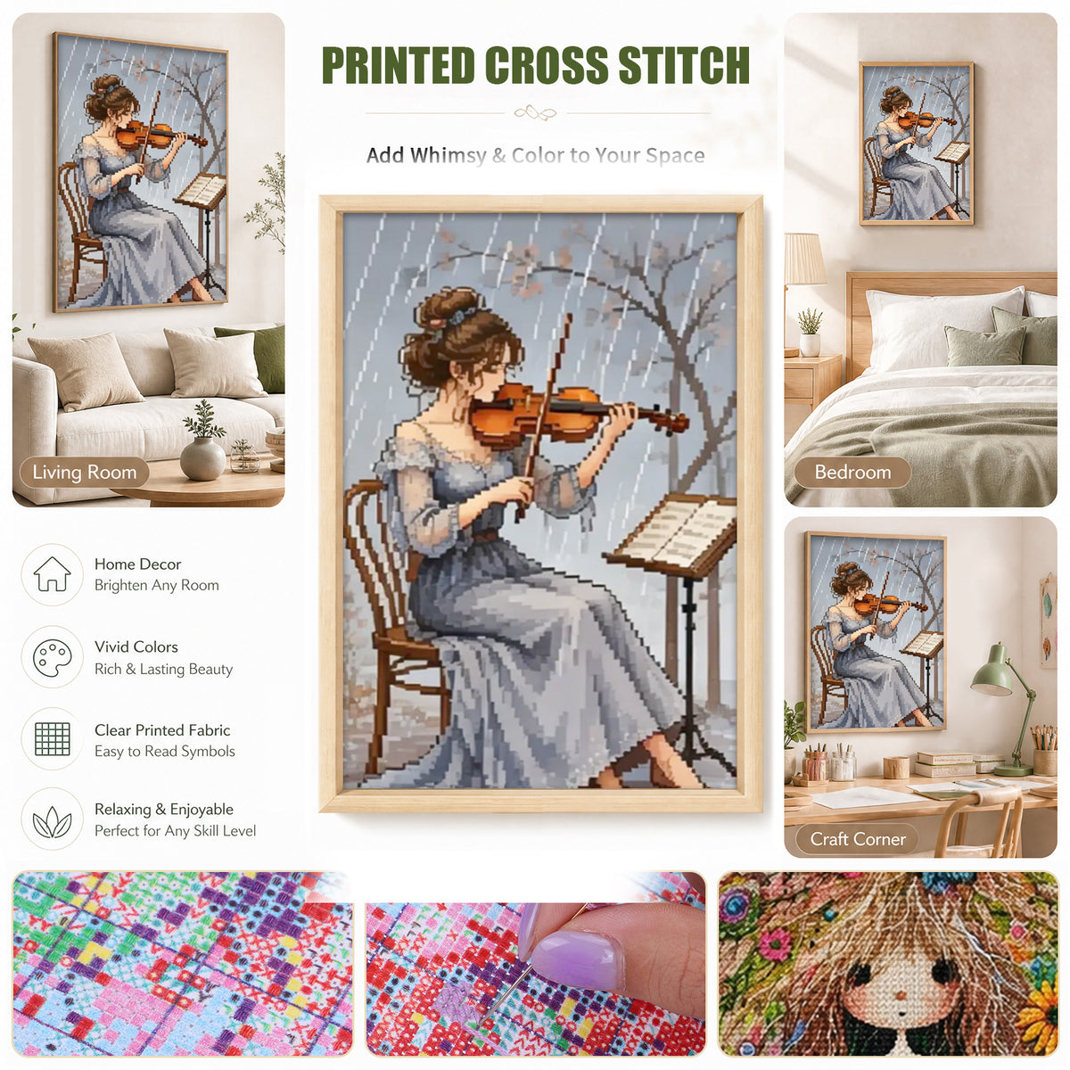 Playing Violin In Rain - Full 11CT Stamped Cross Stitch 40x60CM - Huacan