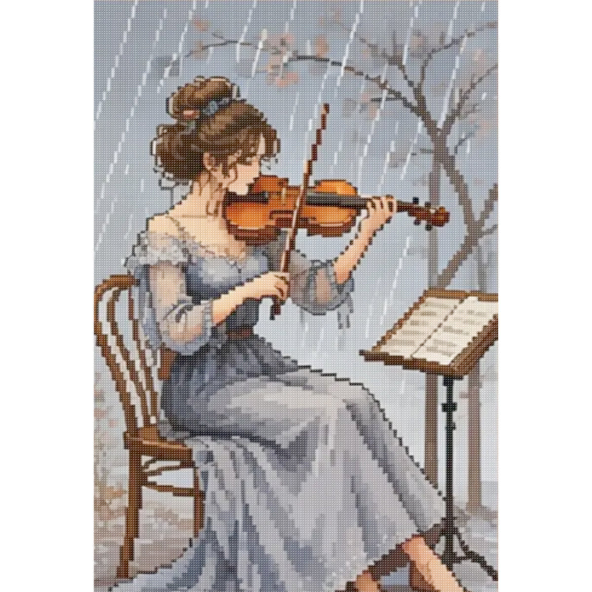 Playing Violin In Rain - Full 11CT Stamped Cross Stitch 40x60CM - Huacan