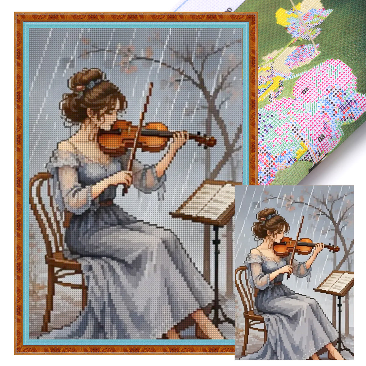 Playing Violin In Rain - Full 11CT Stamped Cross Stitch 40x60CM - Huacan