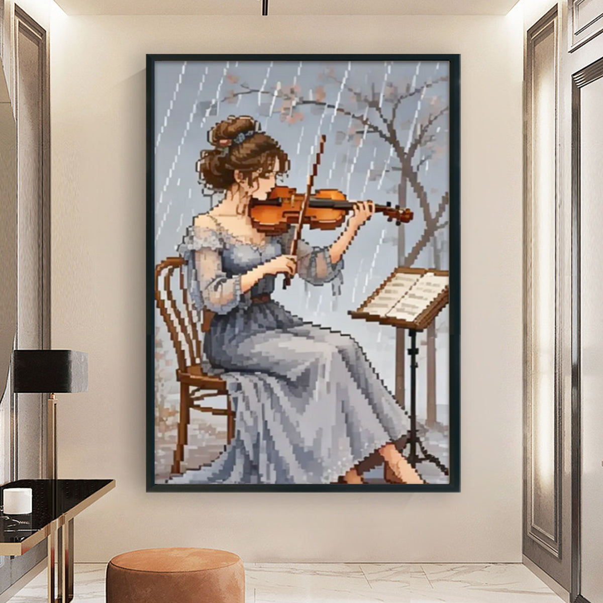 Playing Violin In Rain - Full 11CT Stamped Cross Stitch 40x60CM - Huacan