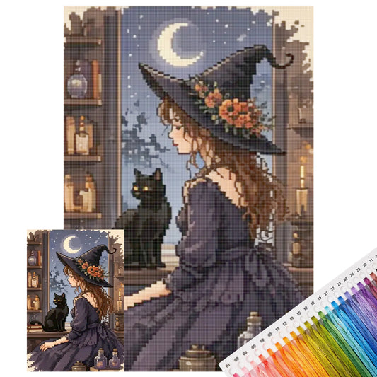 Hexe im Mondschein – Vollständiges 11CT gestempeltes Kreuzstich-Set 40x60 cm – Huacan