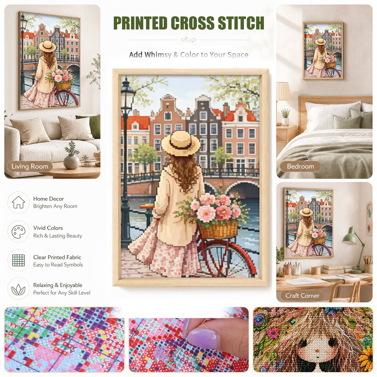 Amsterdam Flower Cart - Full 11CT Stamped Cross Stitch 40x60CM - Huacan