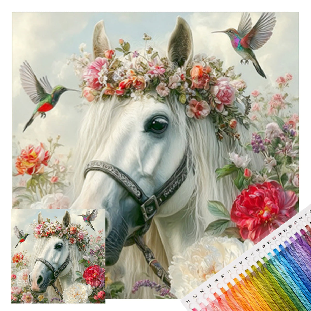 White Horse With Blossoms - Full 11CT Stamped Cross Stitch 40x40CM - Huacan