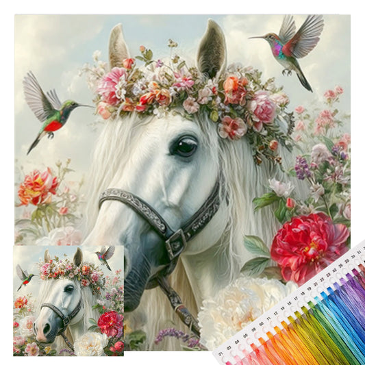 Weißes Pferd mit Blüten - Vollständiges 11CT Stempel-Kreuzstich-Set 40x40CM - Huacan