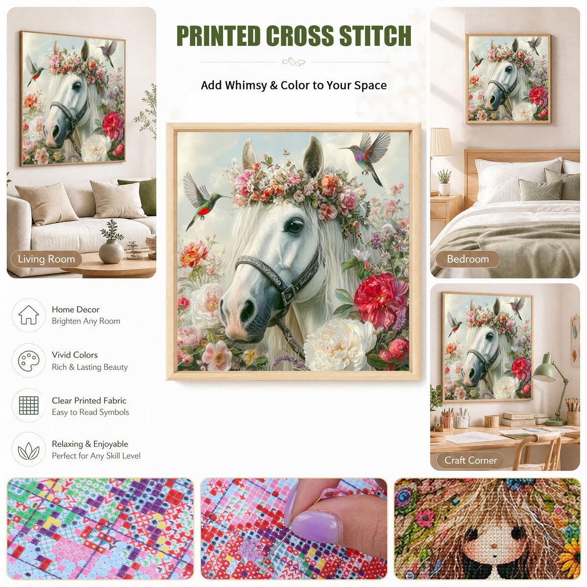 White Horse With Blossoms - Full 11CT Stamped Cross Stitch 40x40CM - Huacan