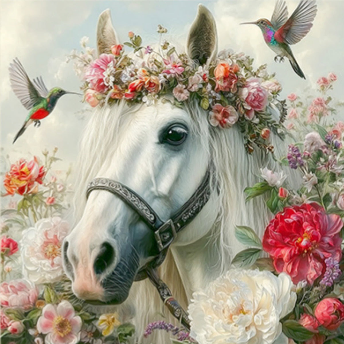 White Horse With Blossoms - Full 11CT Stamped Cross Stitch 40x40CM - Huacan